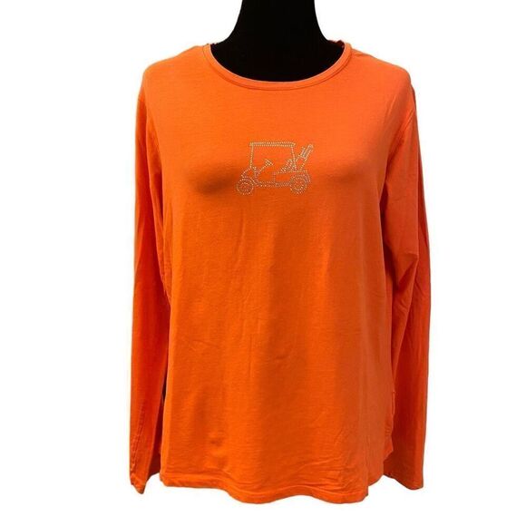 Kate Lord Long Sleeve Orange Tee with Rhinestone Golf Cart Sz Large - Picture 1 of 13
